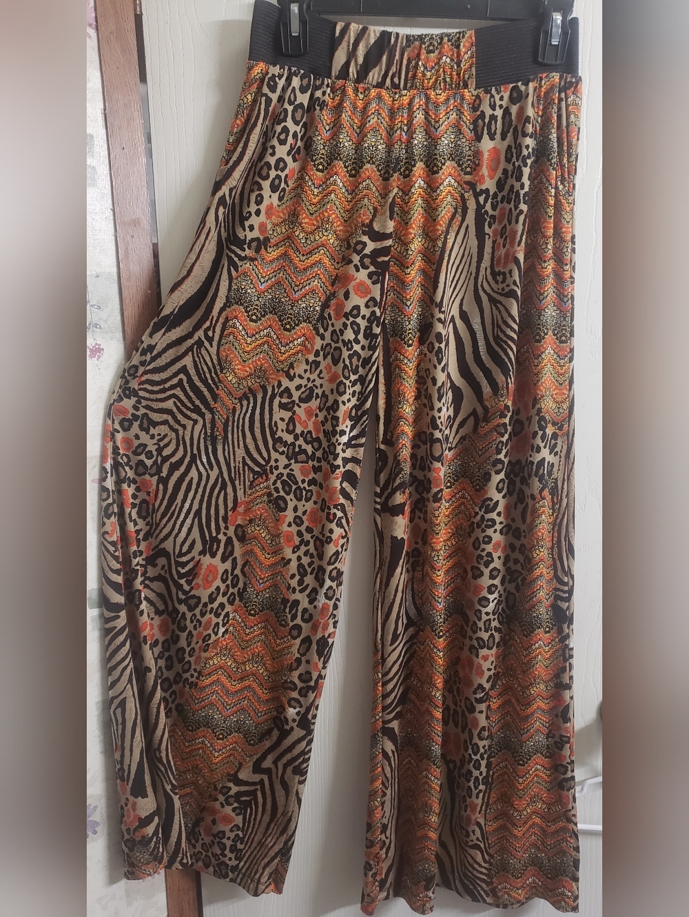 Mixed Animal-Print Wide Leg Pants in Brown & Orange